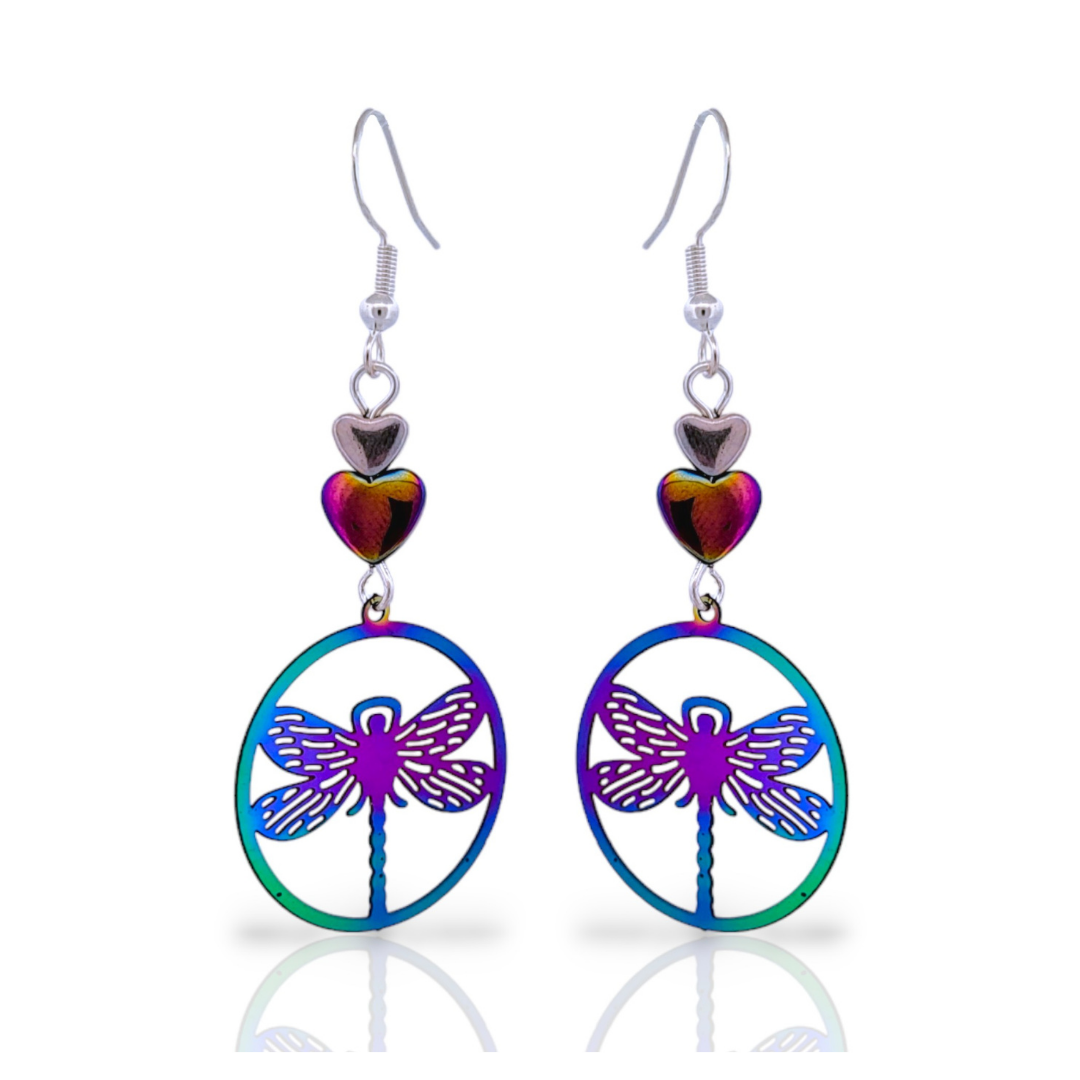 BeSheek Sterling Silver Electroplated Rainbow Hematite and Stainless Steel Dragonfly Dangle Earrings