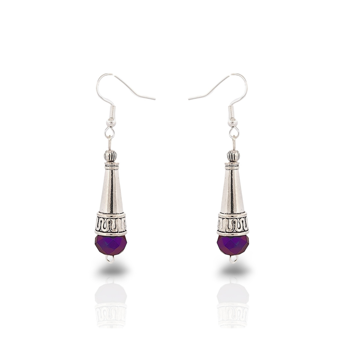 BeSheek Sterling Silver Purple Tibetan Filigree Cone and Crystal Glass Dangle Earrings