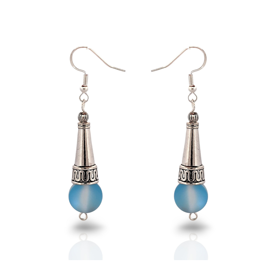 BeSheek Sterling Silver Royal Blue Tibetan Filigree Cone and Mermaid Glass Dangle Earrings