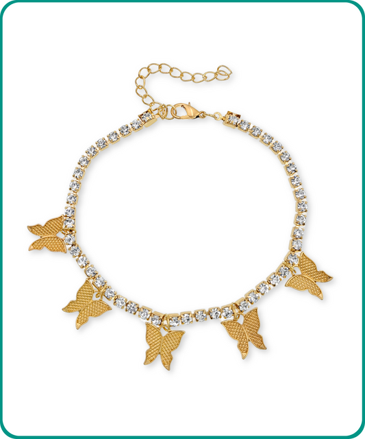 BESHEEK | Butterfly Paved Crystal Rhinestone Artisan Goldtone Anklet