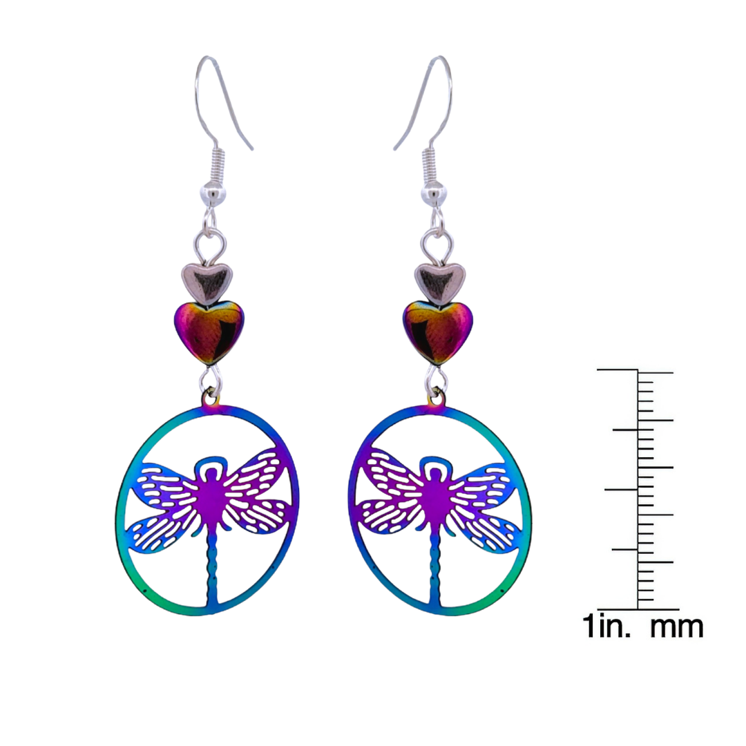 BeSheek Sterling Silver Electroplated Rainbow Hematite and Stainless Steel Dragonfly Dangle Earrings