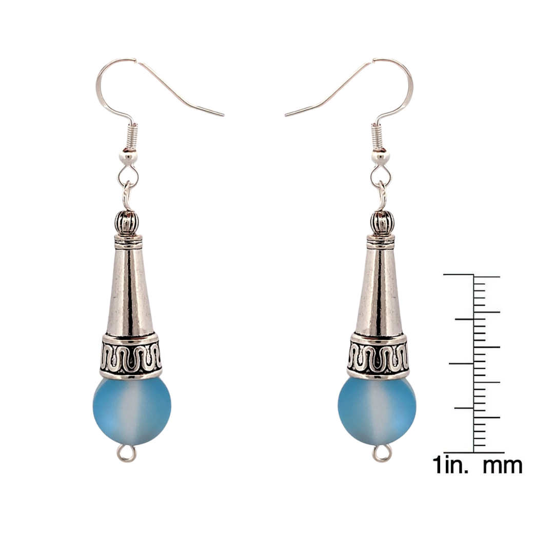 BeSheek Sterling Silver Royal Blue Tibetan Filigree Cone and Mermaid Glass Dangle Earrings