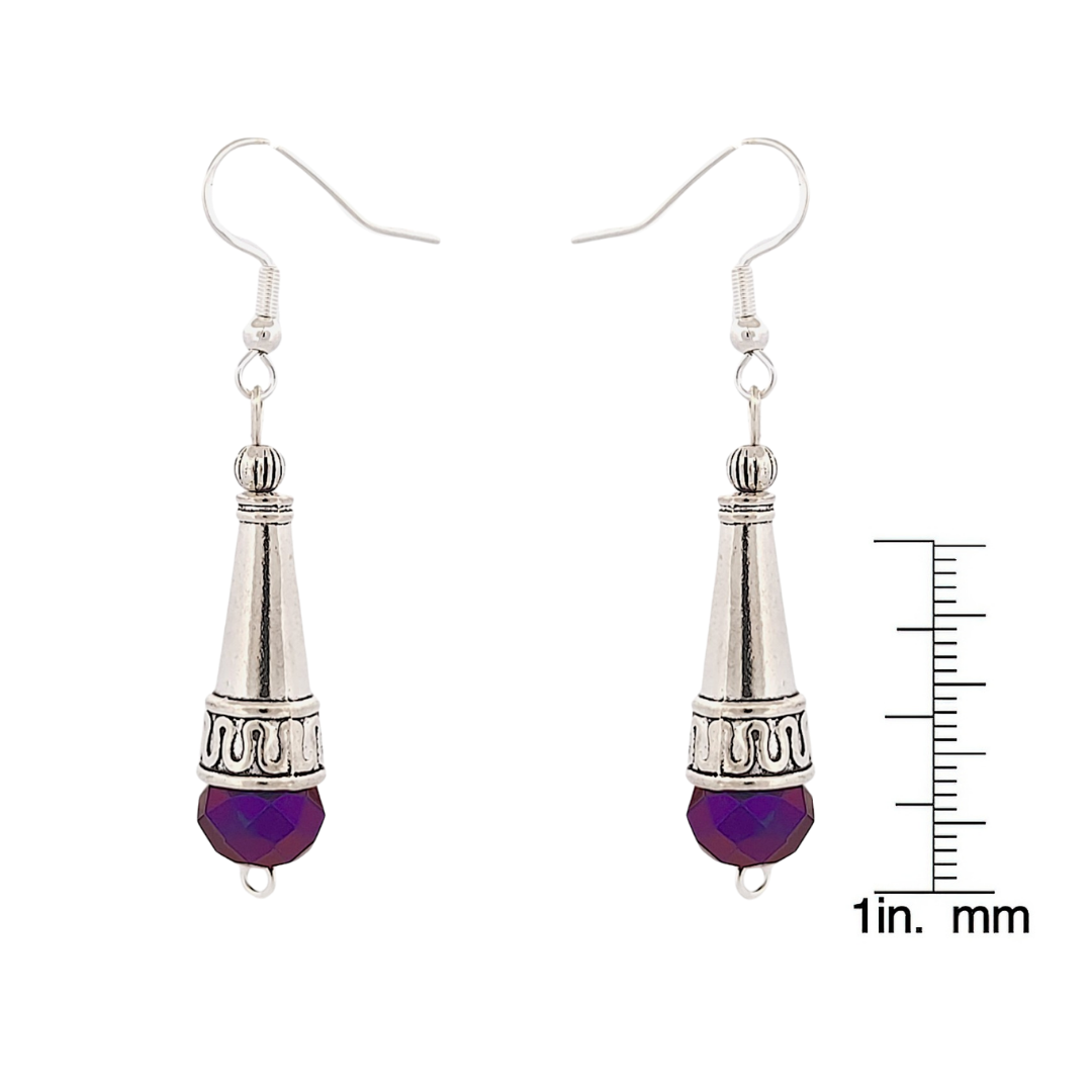 BeSheek Sterling Silver Purple Tibetan Filigree Cone and Crystal Glass Dangle Earrings