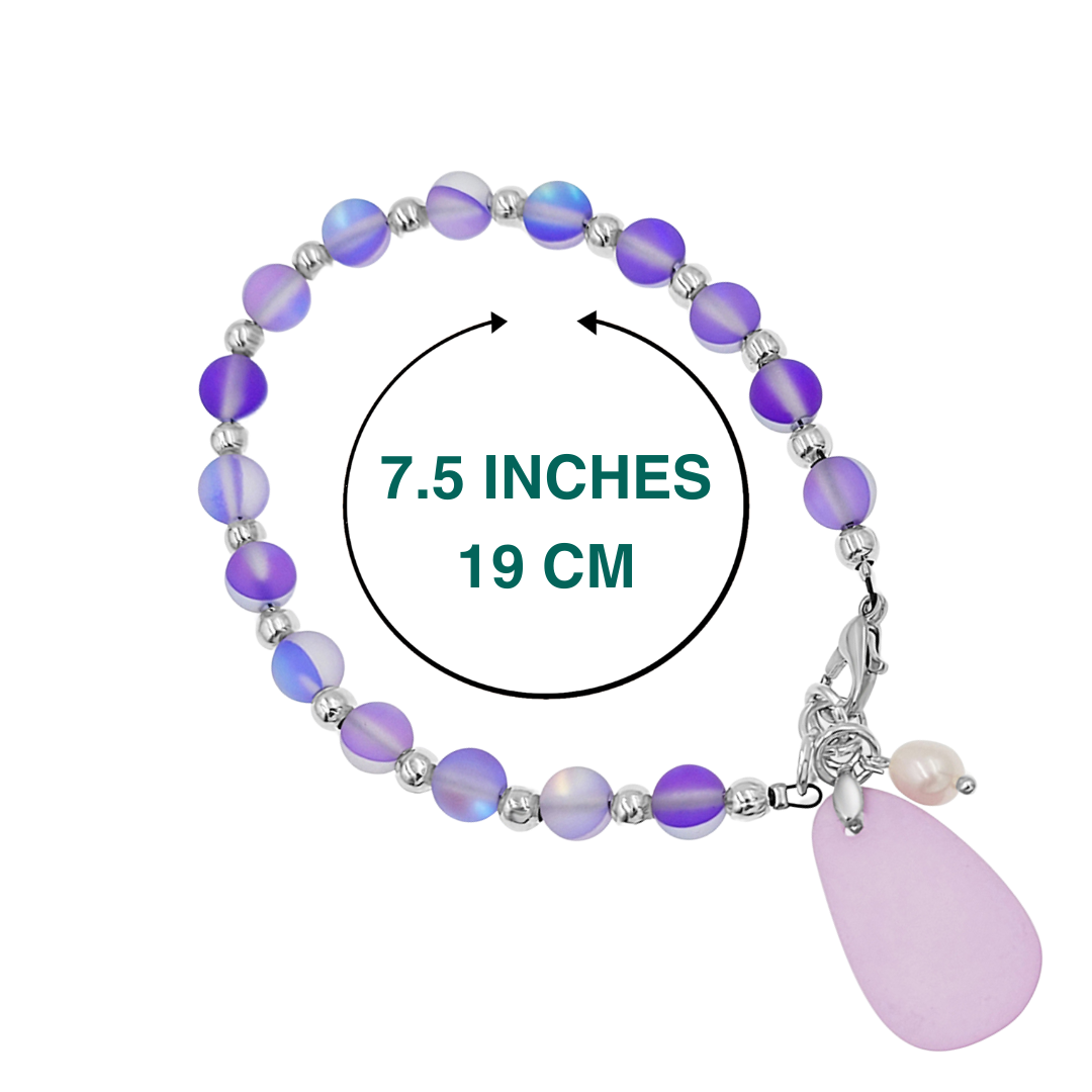 BESHEEK Silvertone, Purple Seaglass and Freshwater Pearl Beaded Bracelet| Handmade Hypoallergenic Boho Beach Gala Wedding Style Jewelry