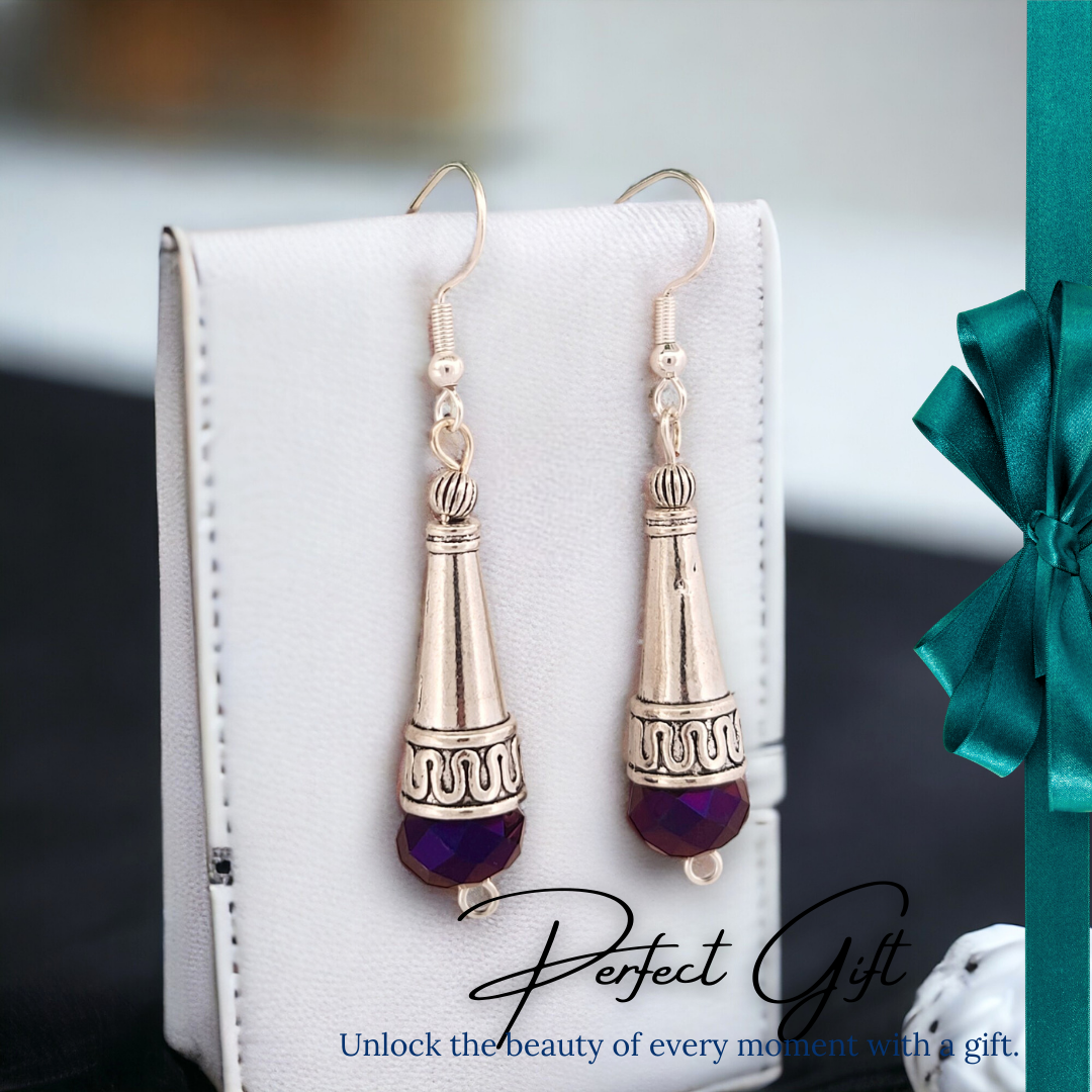 BeSheek Sterling Silver Purple Tibetan Filigree Cone and Crystal Glass Dangle Earrings