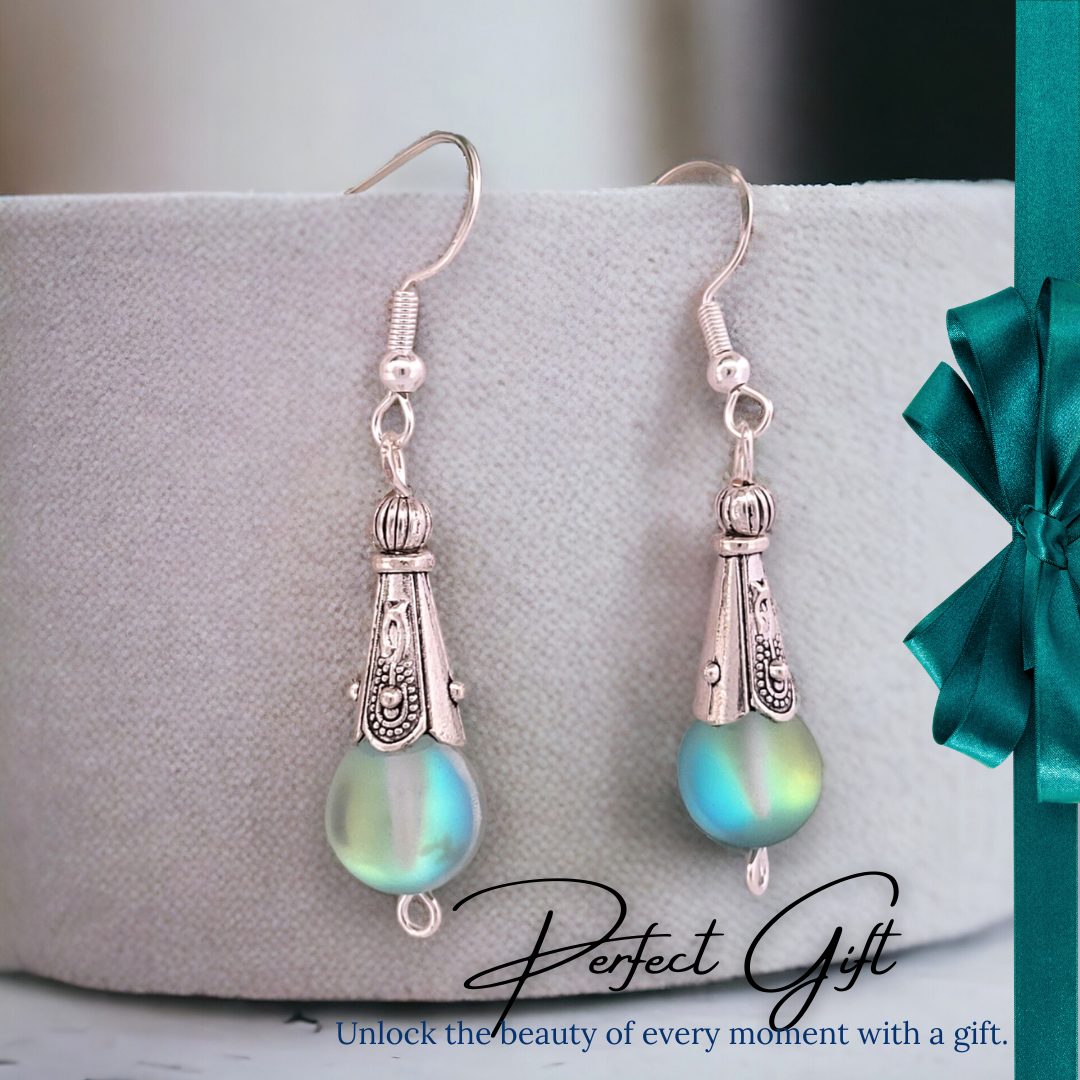 BeSheek Sterling Silver Green Mermaid Glass and Tibetan Cone Dangle Fish Hook Earrings