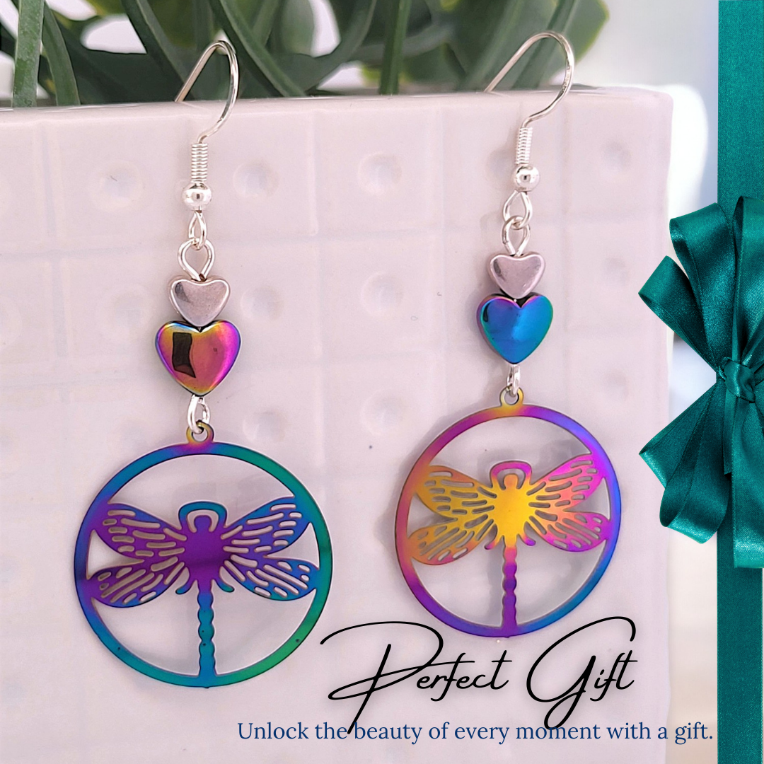 BeSheek Sterling Silver Electroplated Rainbow Hematite and Stainless Steel Dragonfly Dangle Earrings