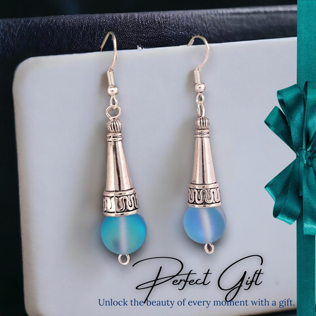 BeSheek Sterling Silver Royal Blue Tibetan Filigree Cone and Mermaid Glass Dangle Earrings