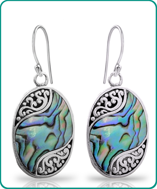 Sterling Silver Wave Oval Drop Abalone Earrings