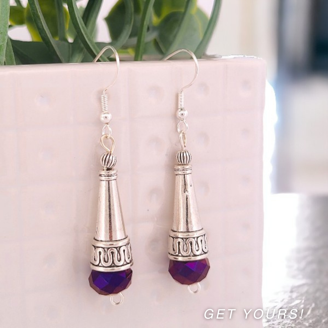 BeSheek Sterling Silver Purple Tibetan Filigree Cone and Crystal Glass Dangle Earrings