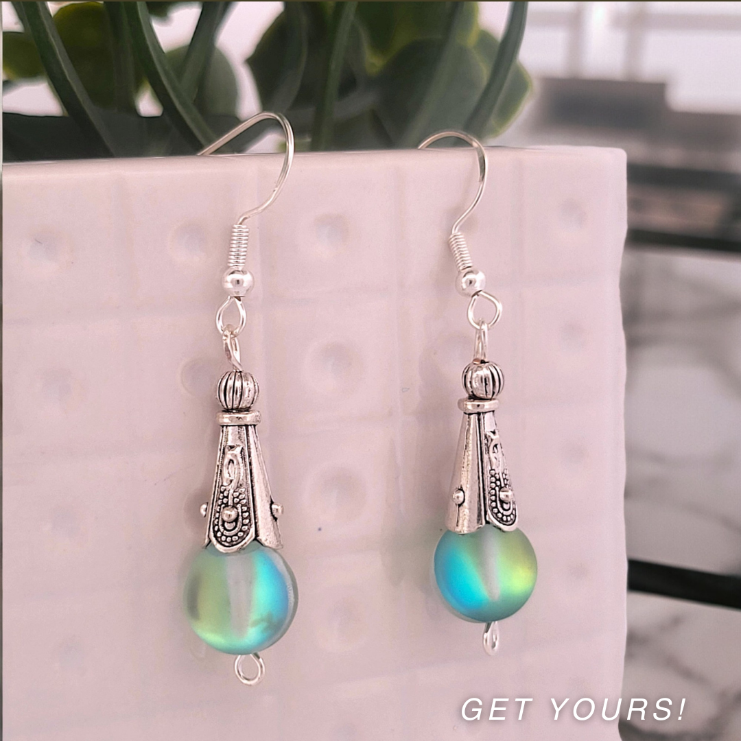BeSheek Sterling Silver Green Mermaid Glass and Tibetan Cone Dangle Fish Hook Earrings