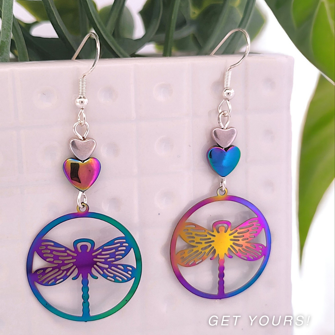 BeSheek Sterling Silver Electroplated Rainbow Hematite and Stainless Steel Dragonfly Dangle Earrings