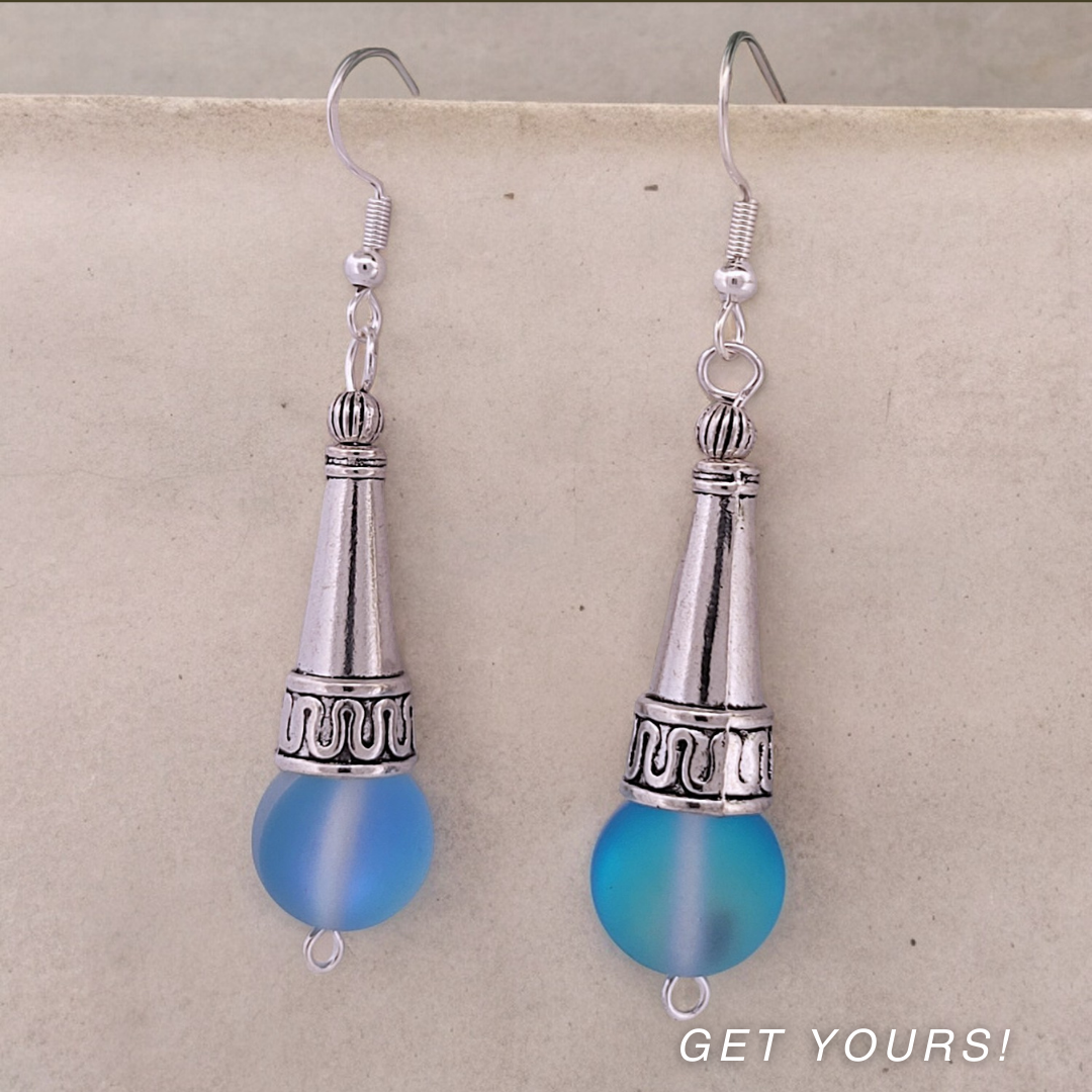BeSheek Sterling Silver Royal Blue Tibetan Filigree Cone and Mermaid Glass Dangle Earrings