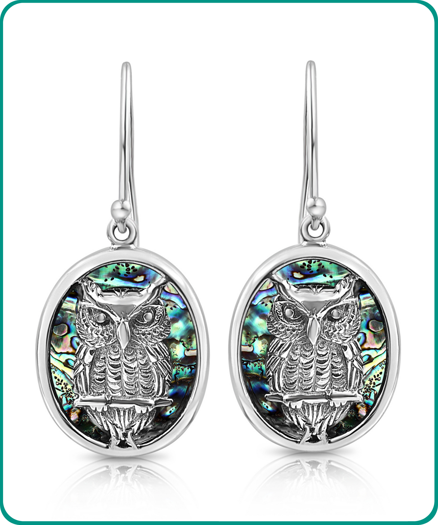 Sterling Silver Paua Shell Wise Owl Oval Drop Earrings