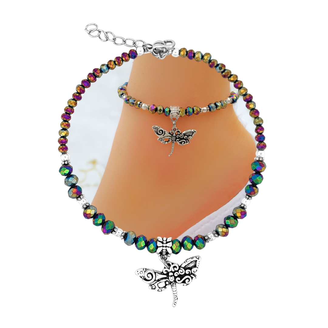 Rainbow Vitrail Crystal Glass Dragonfly Charm Adjustable Beaded Anklet.9.5'' Small Anklet