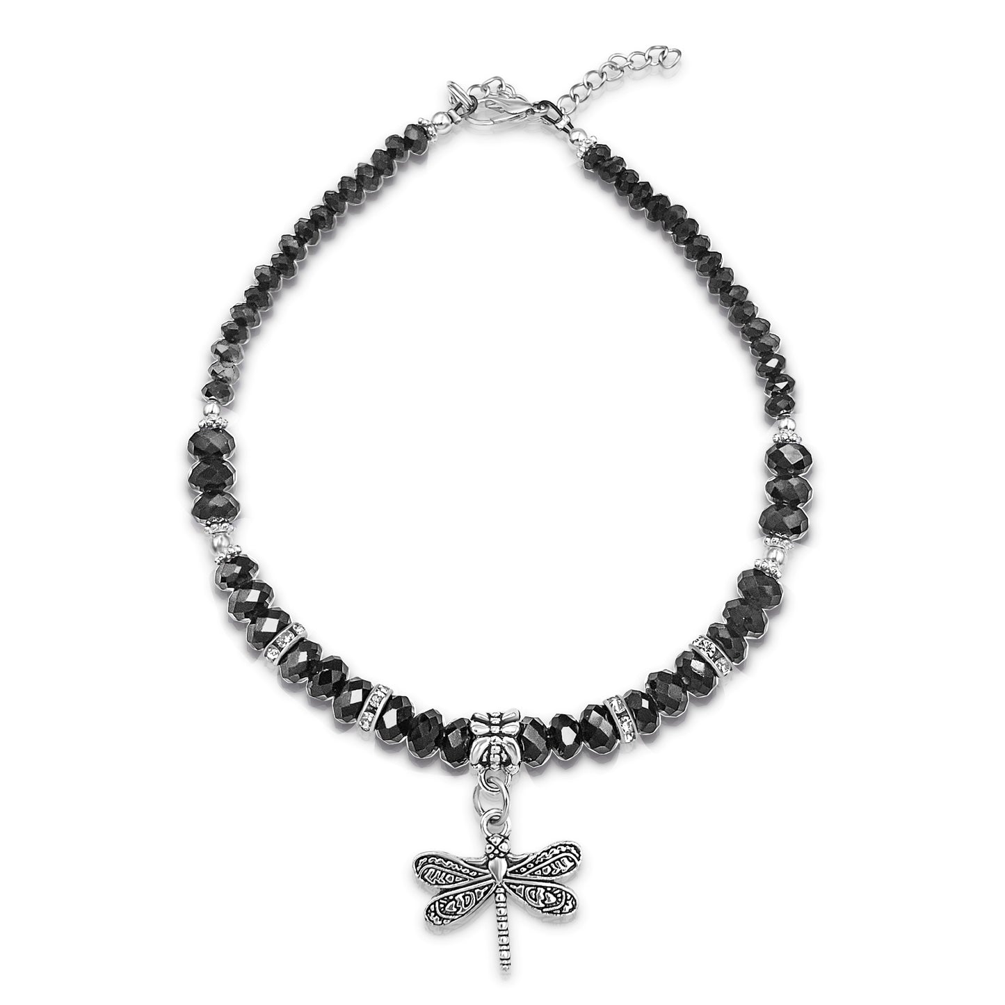 Black Crystal & Silvertone Dragonfly Charm Adjustable Anklet KIT
