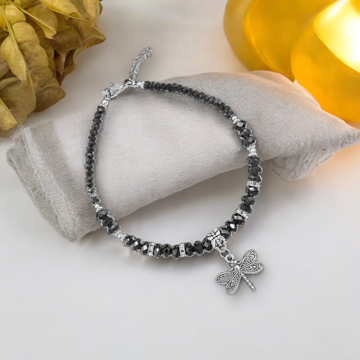 Black Crystal & Silvertone Dragonfly Charm Adjustable Anklet KIT