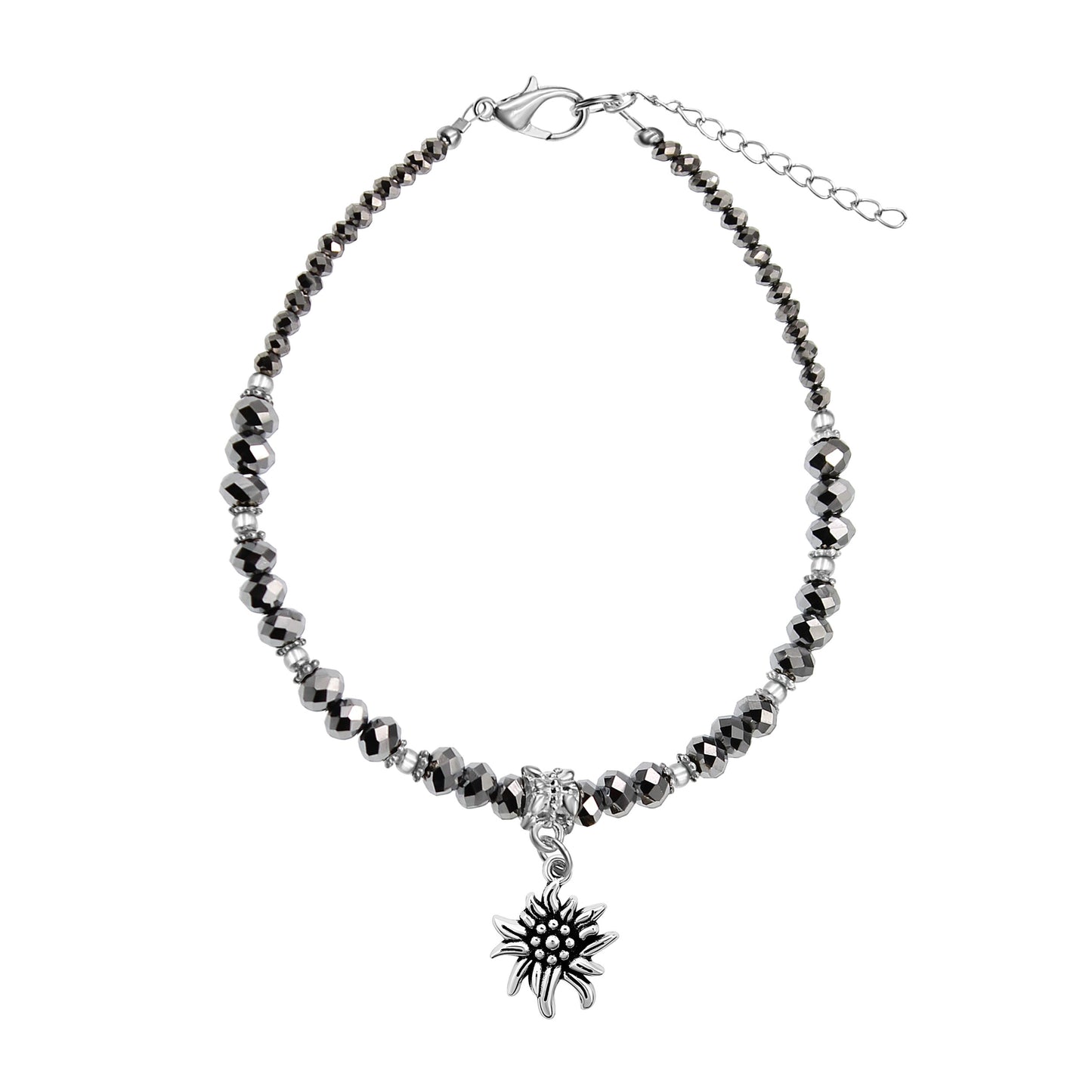 Hematite Crystal & Silvertone Eidleweiss Flower Charm Adjustable Anklet