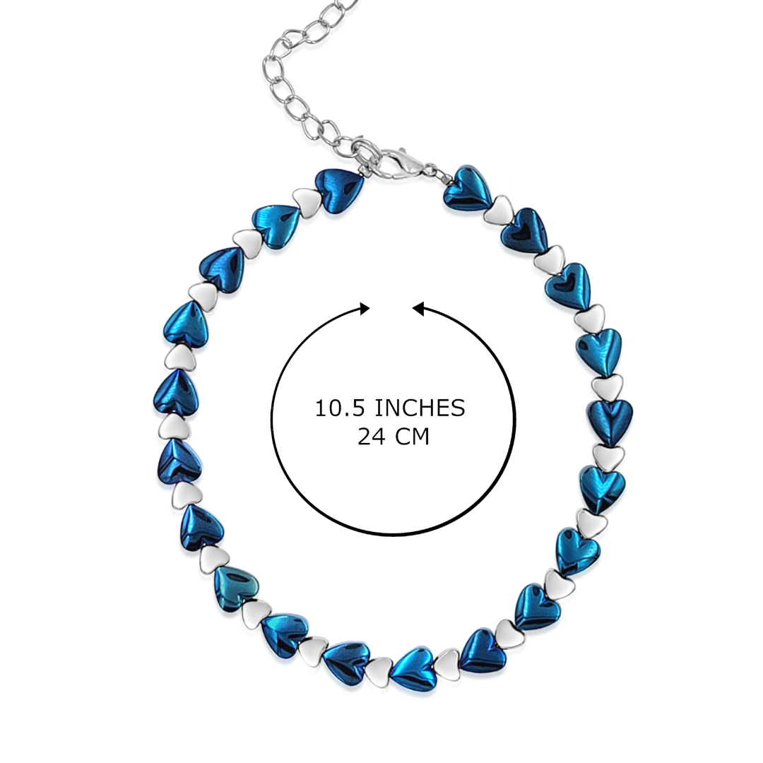 BESHEEK Heart LUSTER BLUE Hematite Stone Artisan Beaded Anklet with Extension | Handmade Hypoallergenic Beach Gala Wedding Style Jewelry