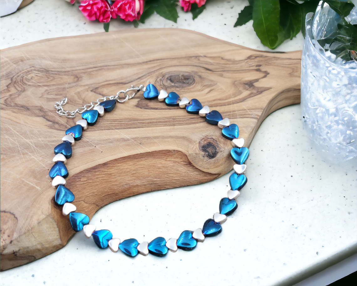 BESHEEK Heart LUSTER BLUE Hematite Stone Artisan Beaded Anklet with Extension | Handmade Hypoallergenic Beach Gala Wedding Style Jewelry