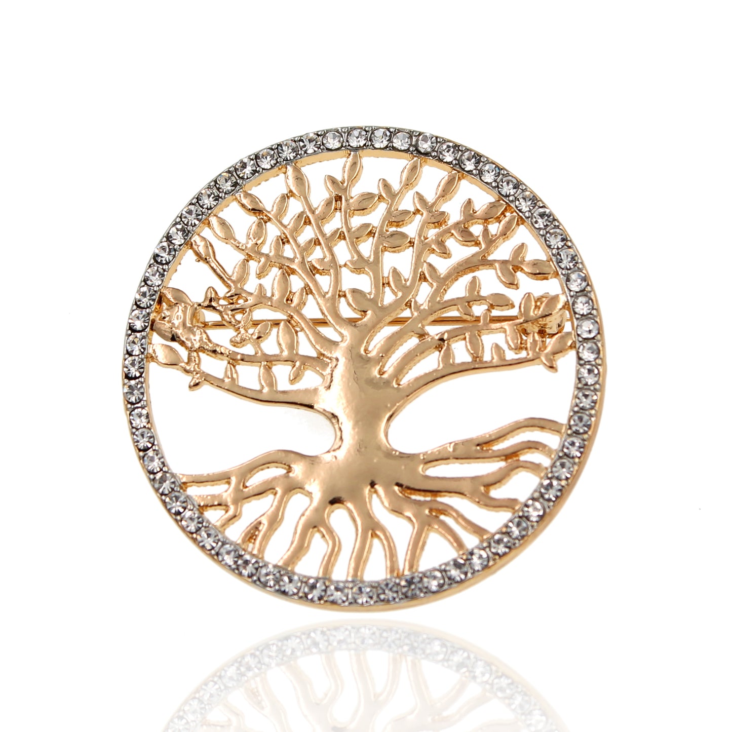 BESHEEK | Goldtone Tree of Life with Rhinestone Border Brooch