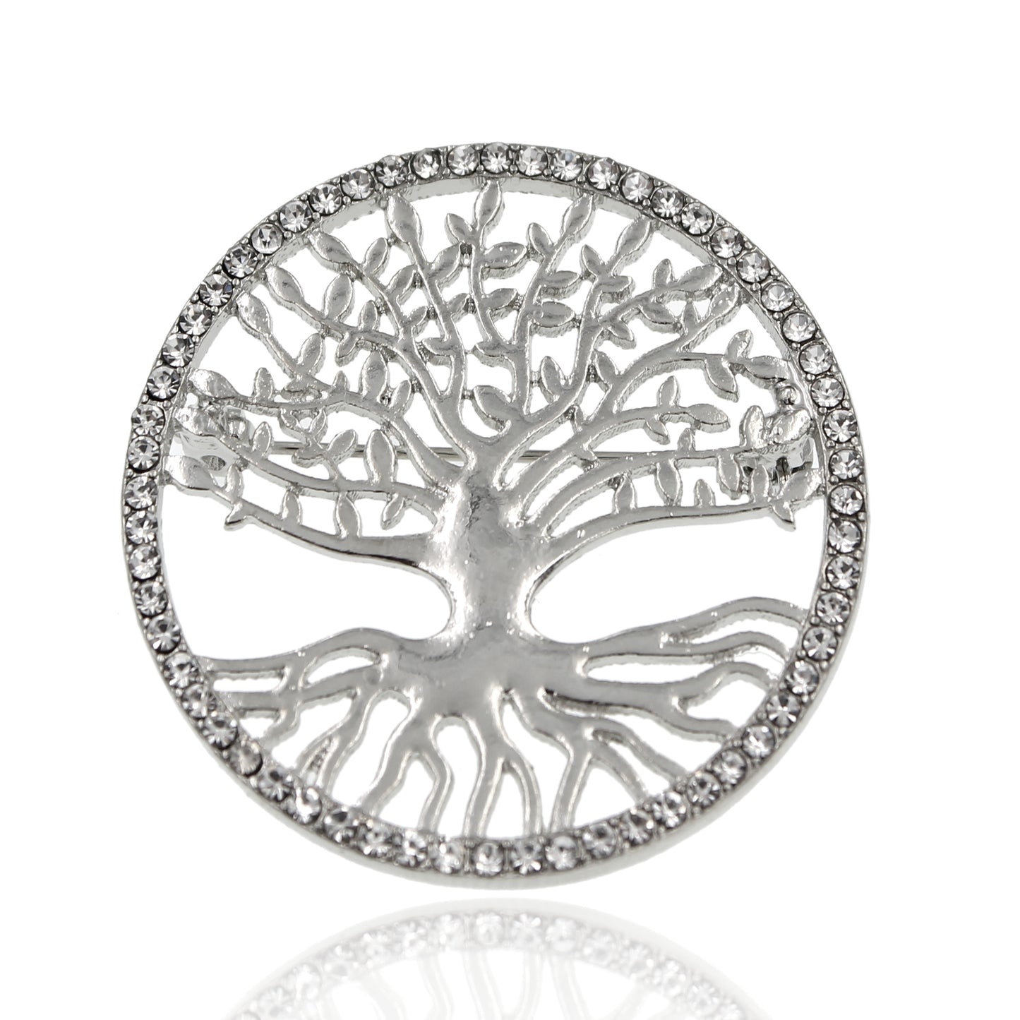 BESHEEK | Silvertone Tree of Life with Rhinestone Border Brooch