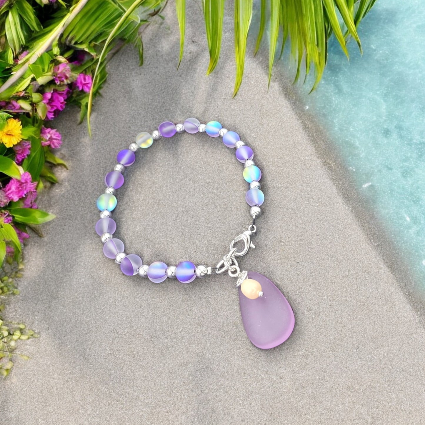 BESHEEK Silvertone, Purple Seaglass and Freshwater Pearl Beaded Bracelet| Handmade Hypoallergenic Boho Beach Gala Wedding Style Jewelry