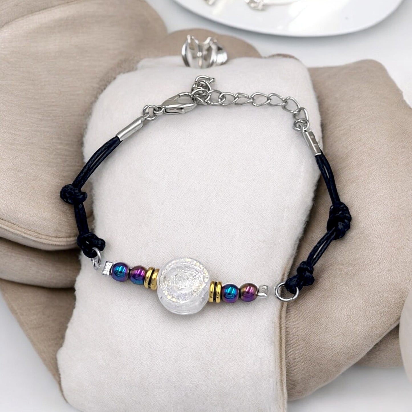 Rainbow Hematite and Glass Button Woven Knot Bracelet for Women