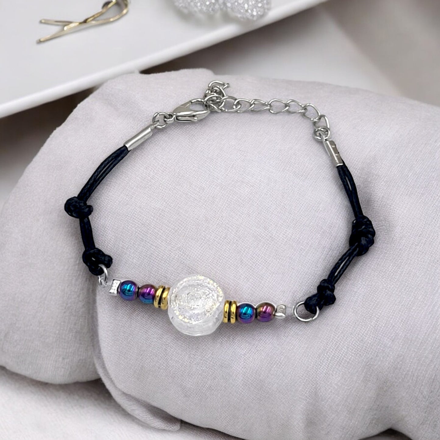 Rainbow Hematite and Glass Button Woven Knot Bracelet for Women