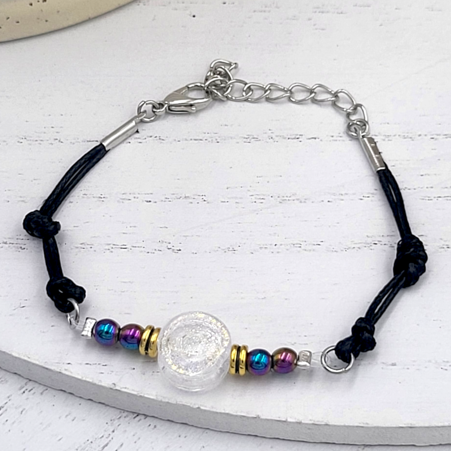 Rainbow Hematite and Glass Button Woven Knot Bracelet for Women