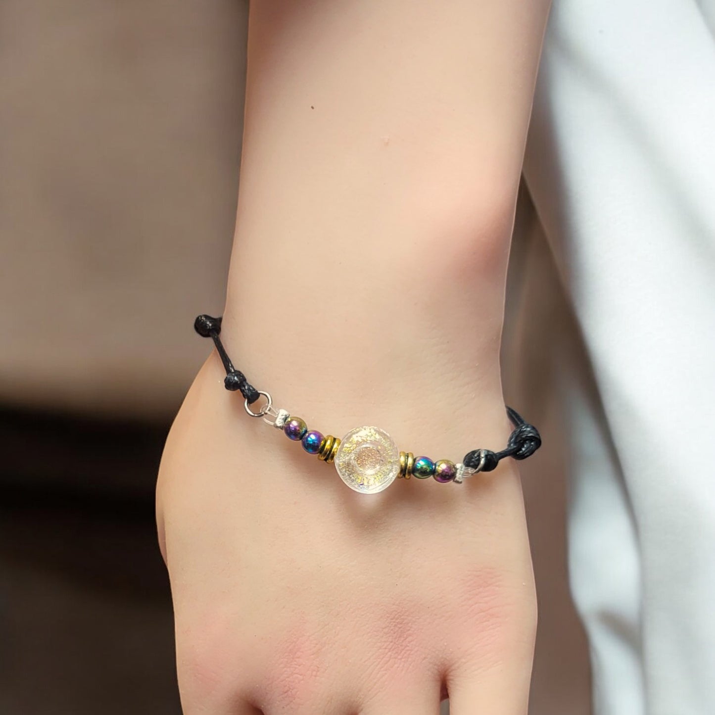 Rainbow Hematite and Glass Button Woven Knot Bracelet for Women