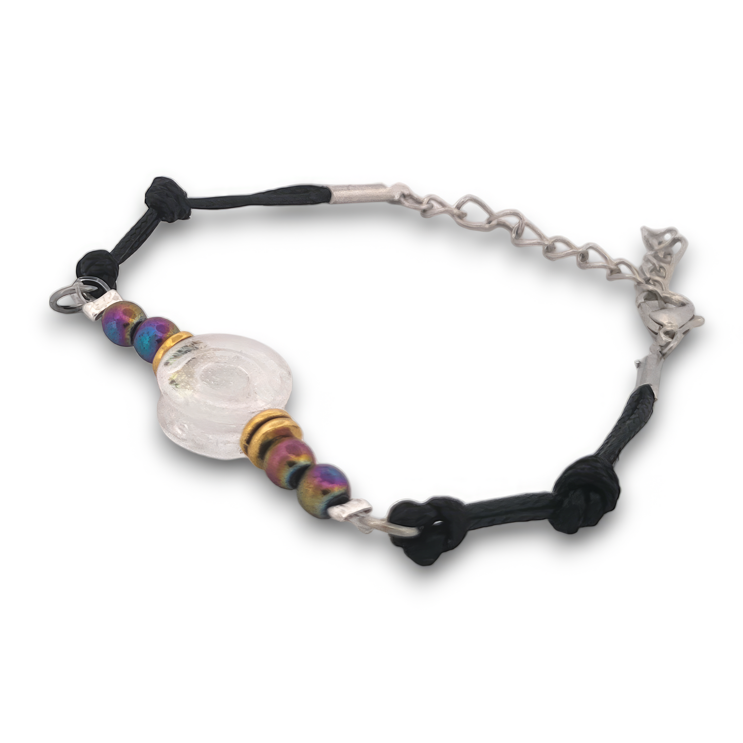 Rainbow Hematite and Glass Button Woven Knot Bracelet for Women