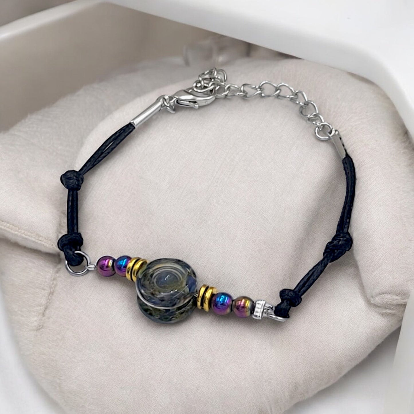 Rainbow Hematite and Fire Glass Button Woven Knot Bracelet for Women