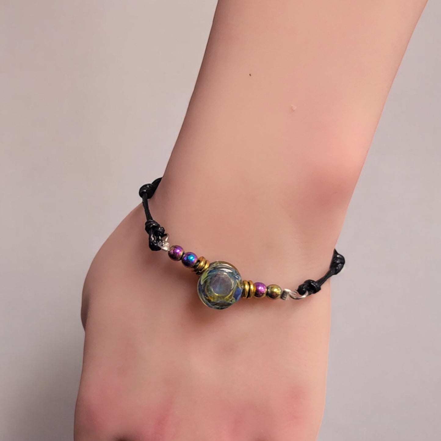 Rainbow Hematite and Fire Glass Button Woven Knot Bracelet for Women