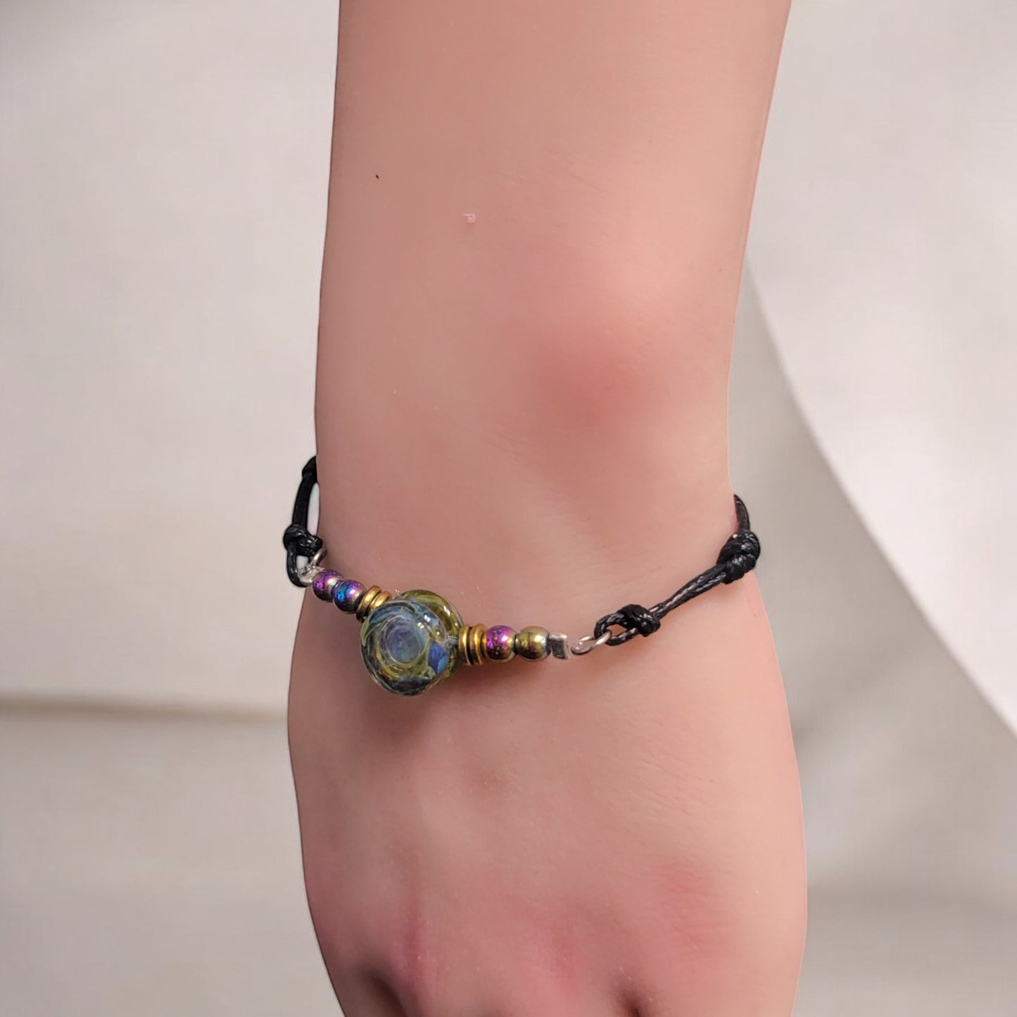 Rainbow Hematite and Fire Glass Button Woven Knot Bracelet for Women