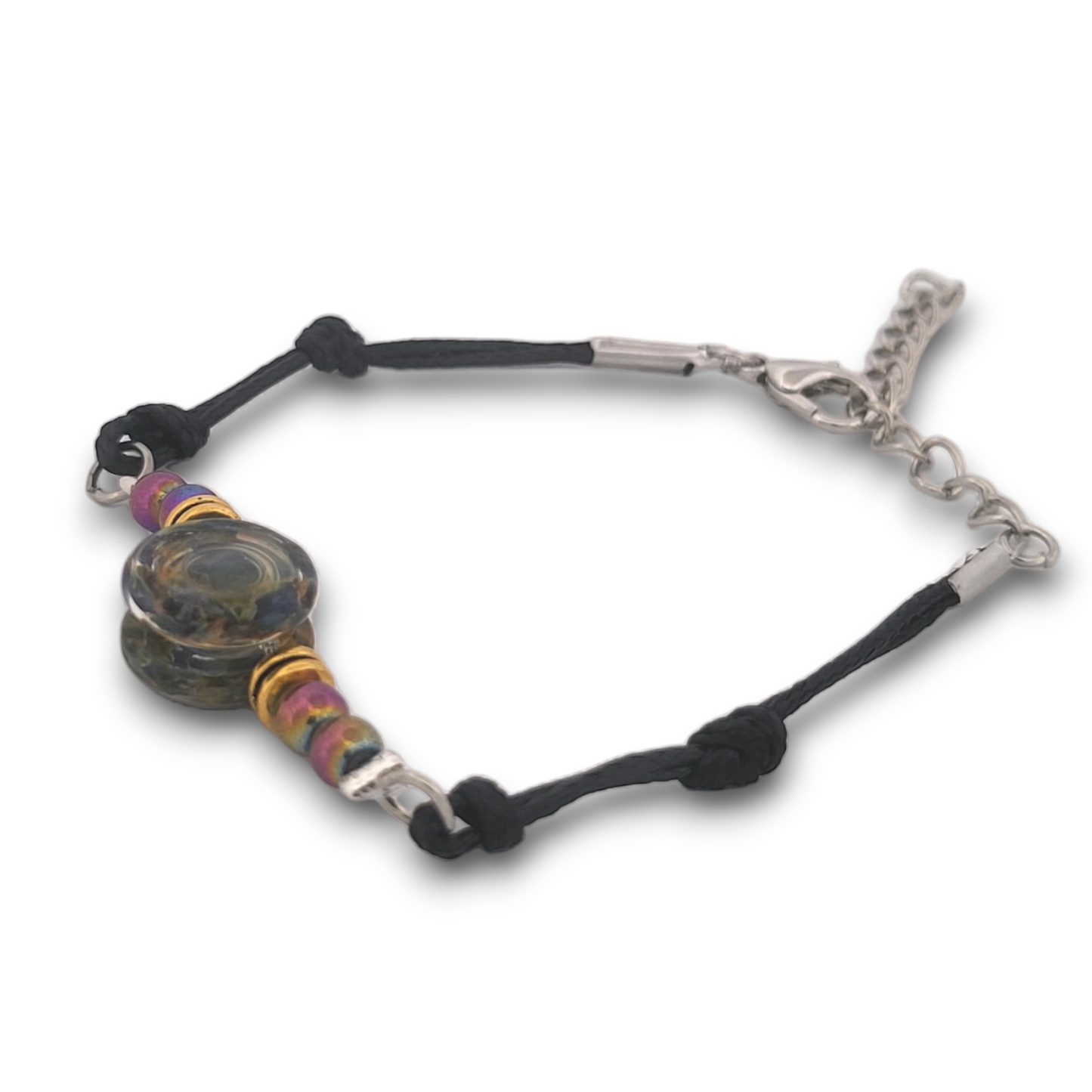 Rainbow Hematite and Fire Glass Button Woven Knot Bracelet for Women