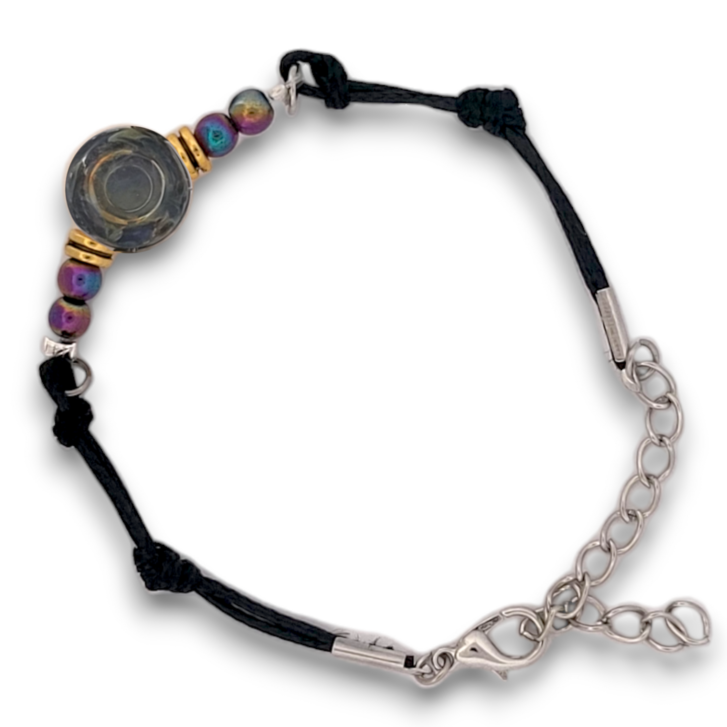 Rainbow Hematite and Fire Glass Button Woven Knot Bracelet for Women