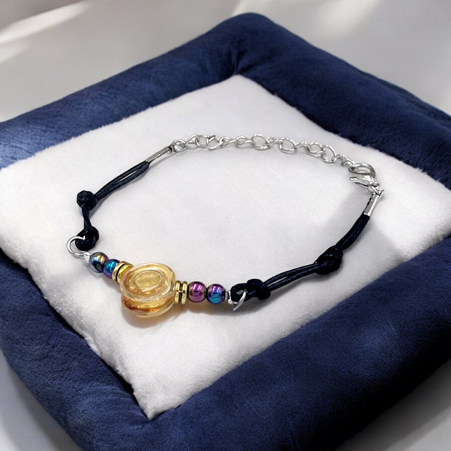 Rainbow Hematite and Sunrise Glass Button Woven Knot Bracelet for Women