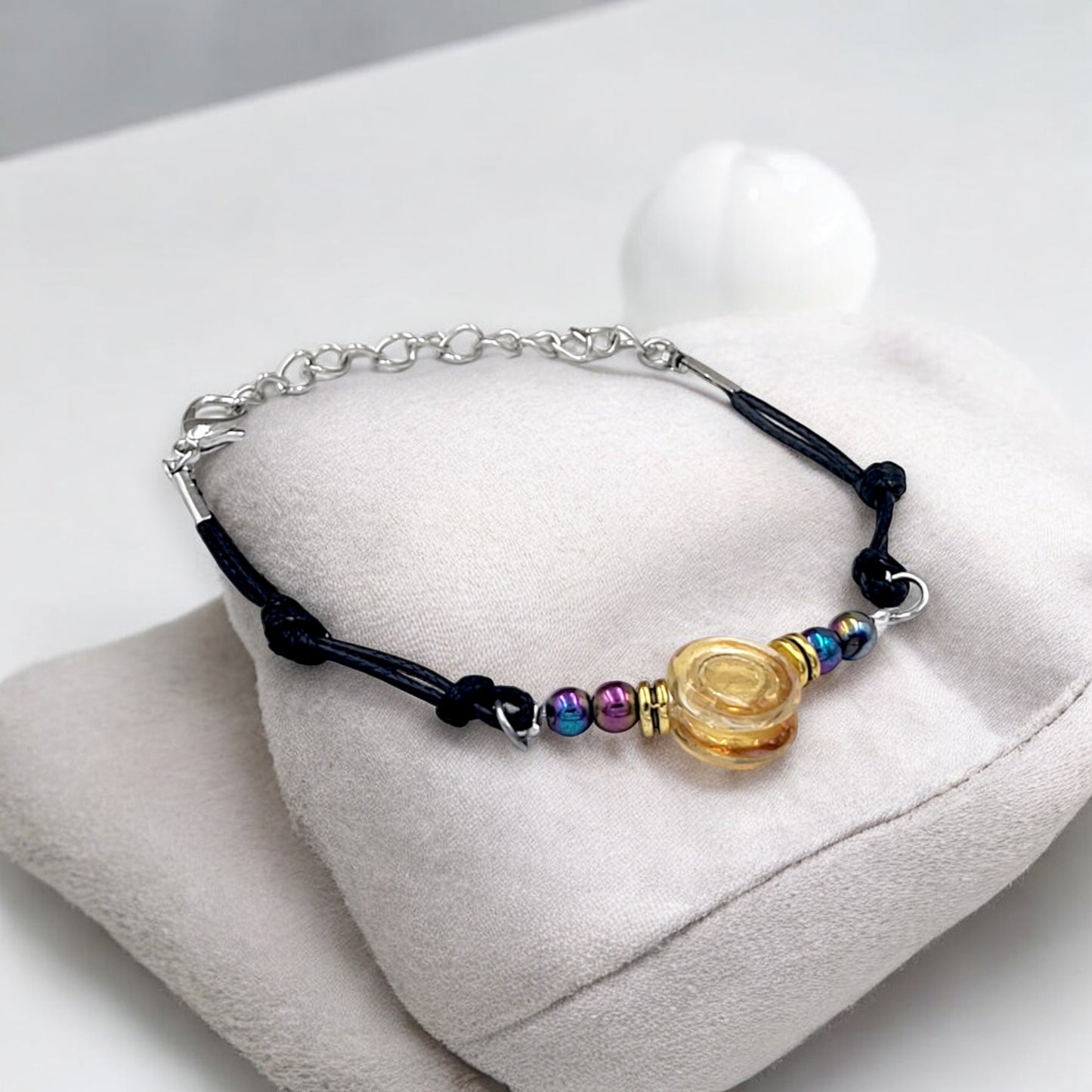 Rainbow Hematite and Sunrise Glass Button Woven Knot Bracelet for Women