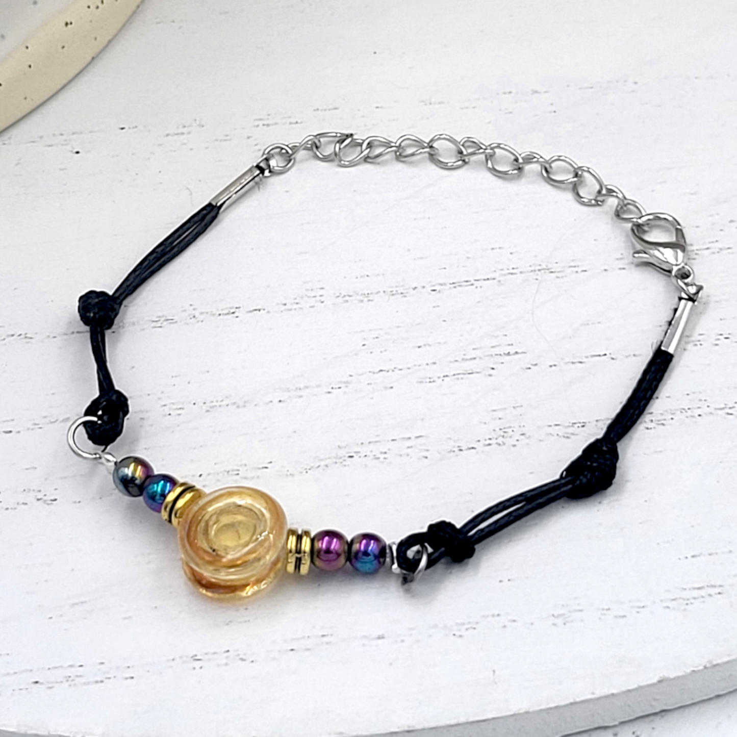 Rainbow Hematite and Sunrise Glass Button Woven Knot Bracelet for Women