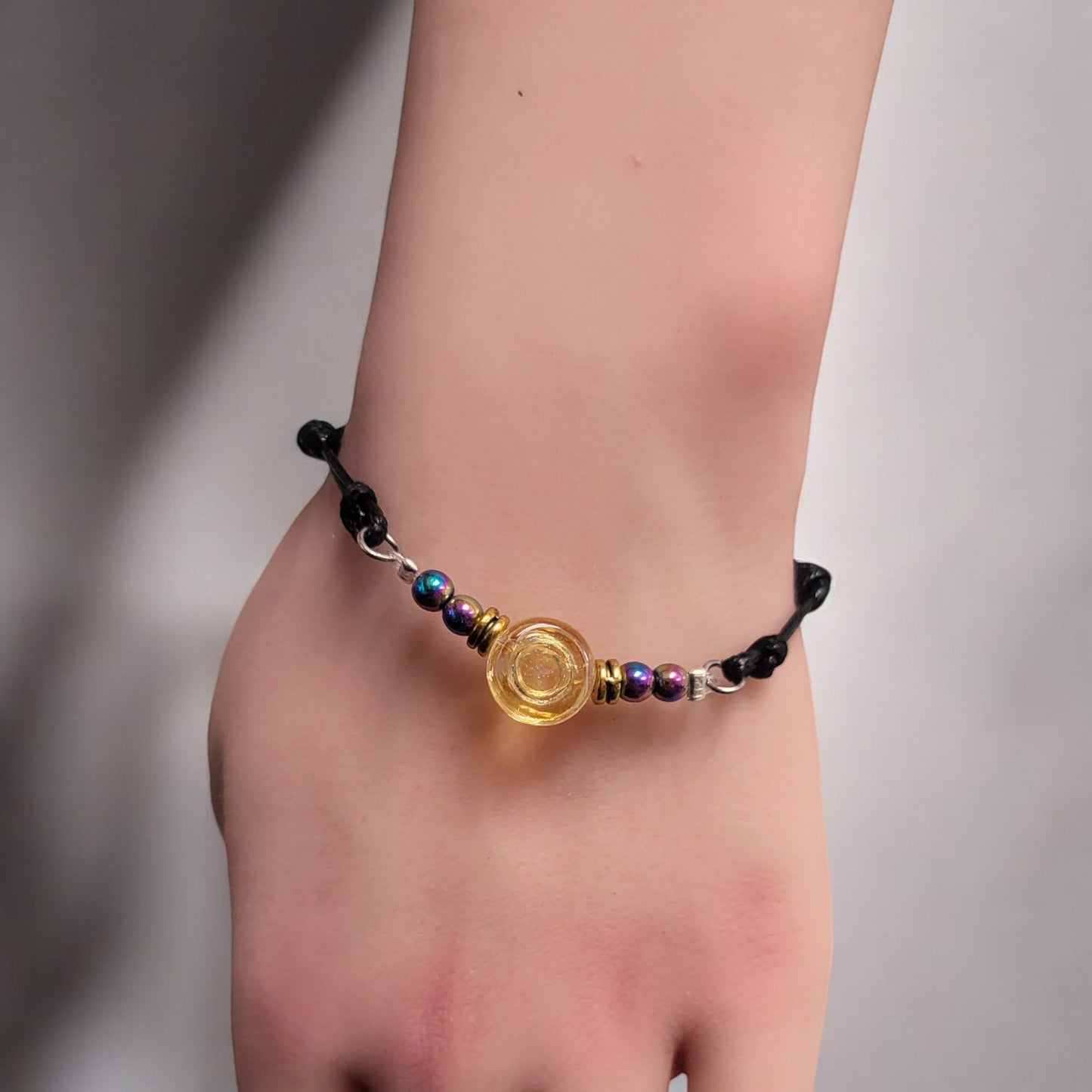 Rainbow Hematite and Sunrise Glass Button Woven Knot Bracelet for Women