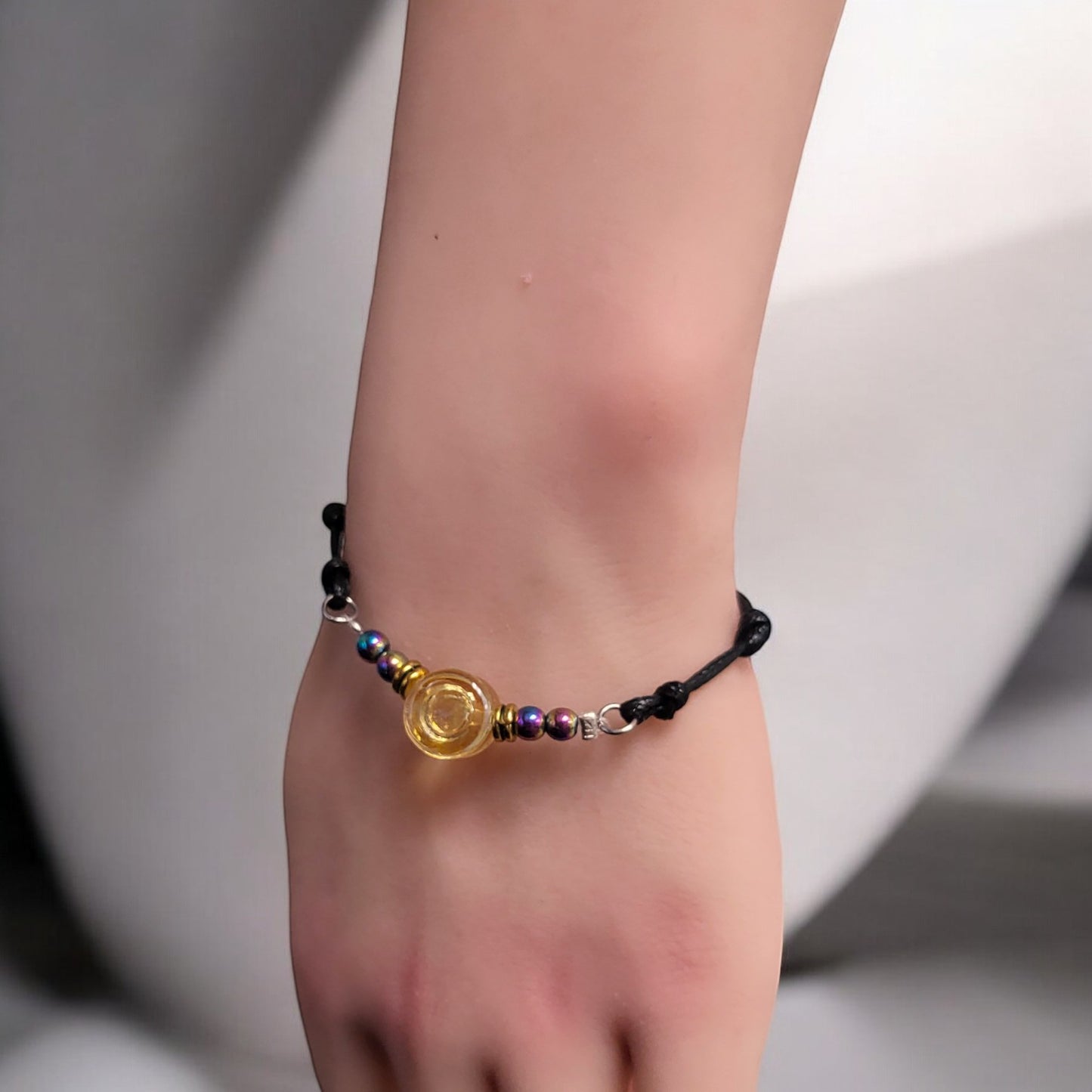 Rainbow Hematite and Sunrise Glass Button Woven Knot Bracelet for Women