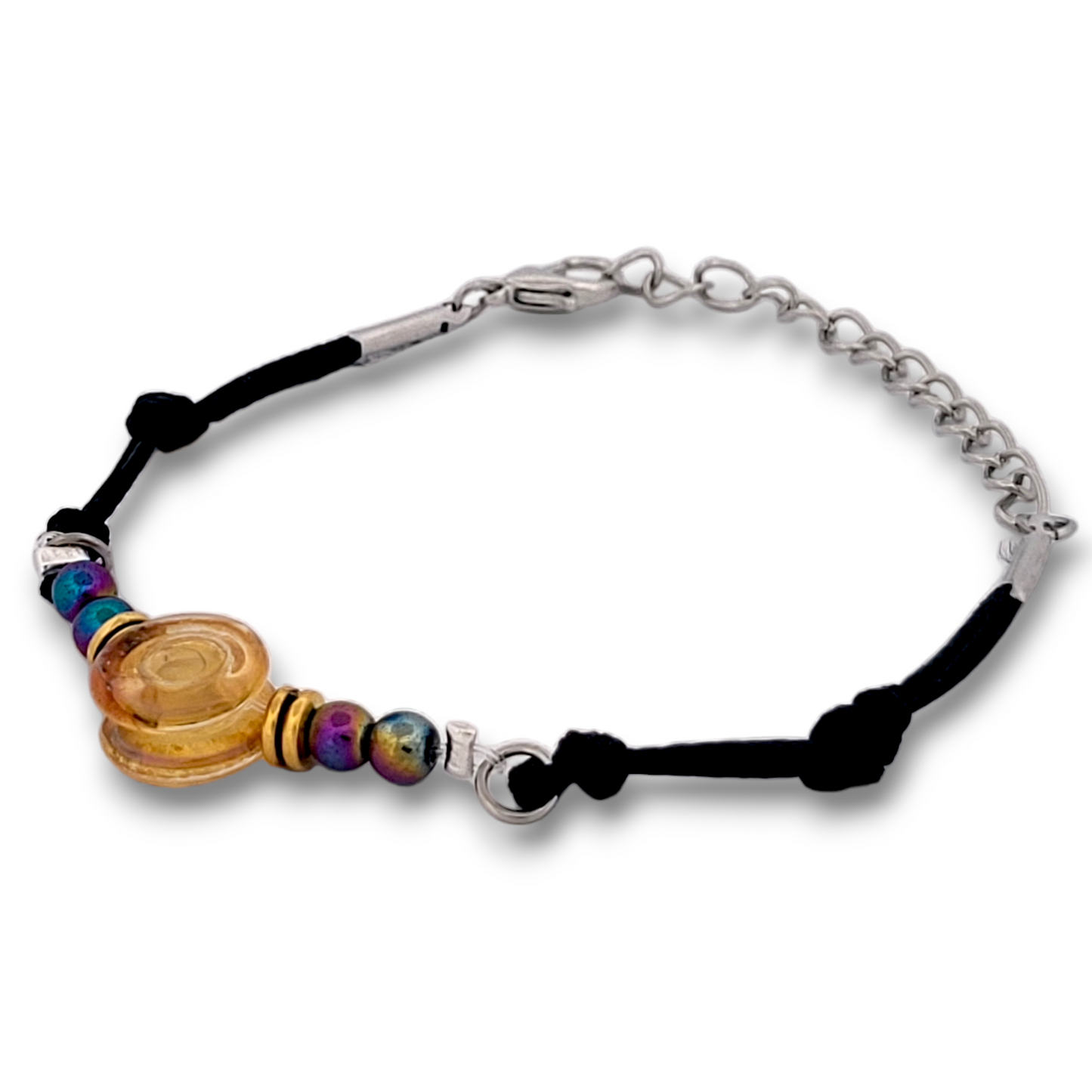 Rainbow Hematite and Sunrise Glass Button Woven Knot Bracelet for Women