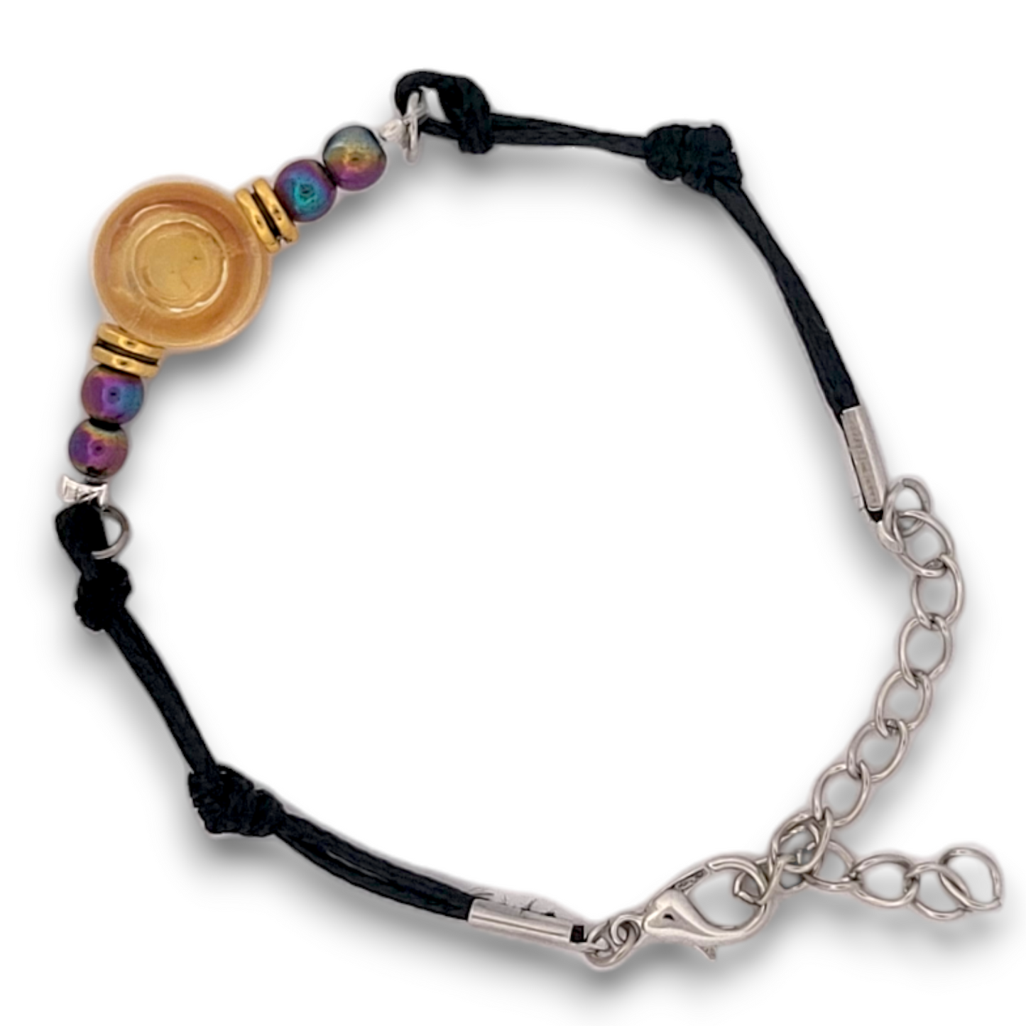 Rainbow Hematite and Sunrise Glass Button Woven Knot Bracelet for Women