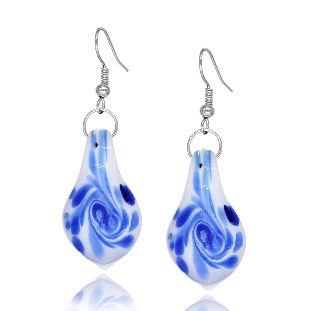 BESHEEK BeSheek Handmade Murano Inspired Sterling Silver Light Blue and White Swirl Dots Teardrop Glass Earrings by BESHEEK ¦Handcrafted Blown Hypoallergenic Artisan Lampwork Italian Style Jewelry