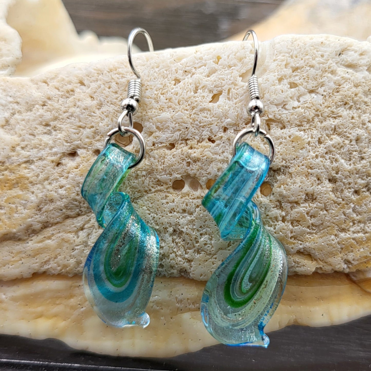 BESHEEK | Handmade Aqua Dreams Twisted Glass Sterling Silver Earrings