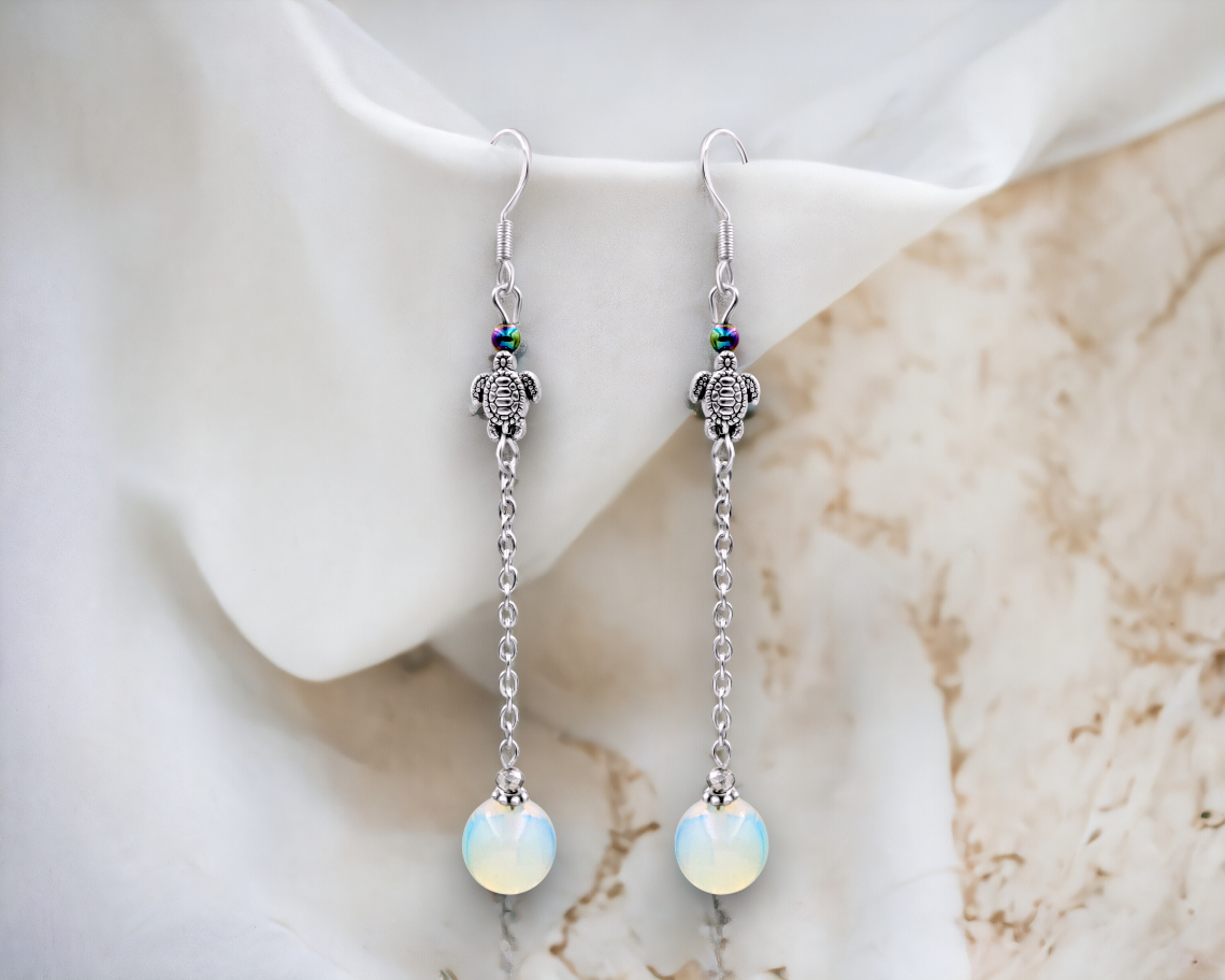 BESHEEK Sterling Silver and Moonstone Turtle Drop Earrings | Hypoallergenic Boho Beach Gala Wedding Style Fashion Earrings