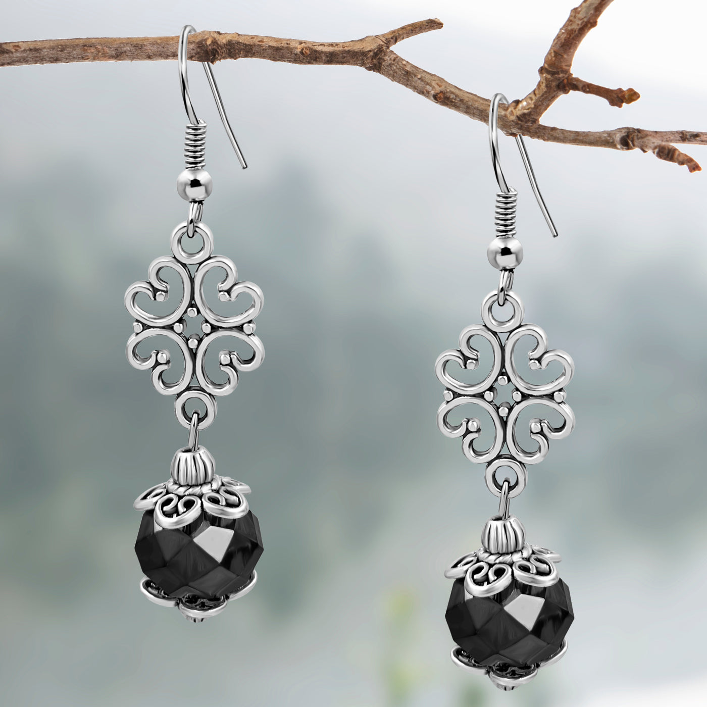 BESHEEK Silvertone Ornament and Black Crystal Dangle Earrings KIT