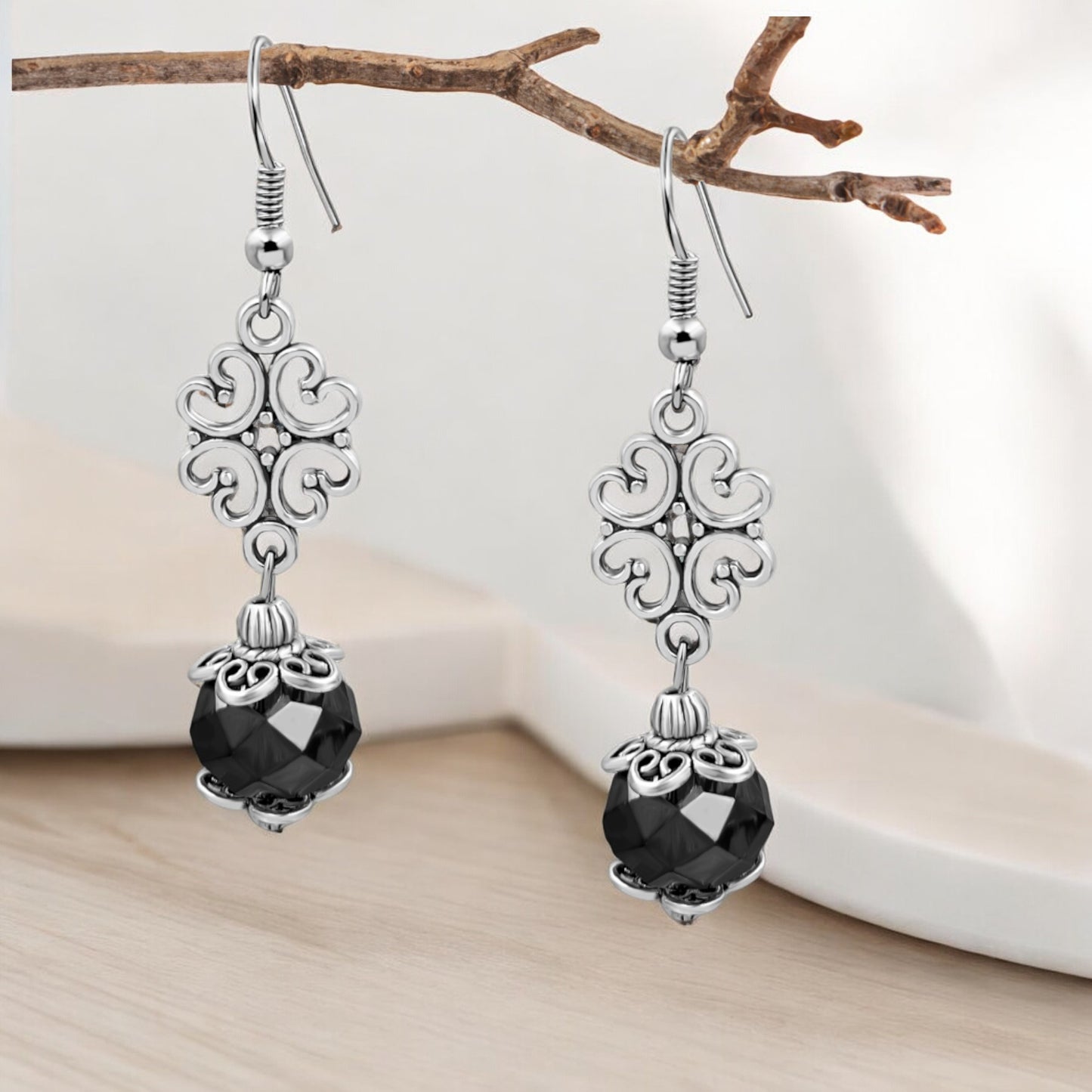 BESHEEK Silvertone Ornament and Black Crystal Dangle Earrings KIT