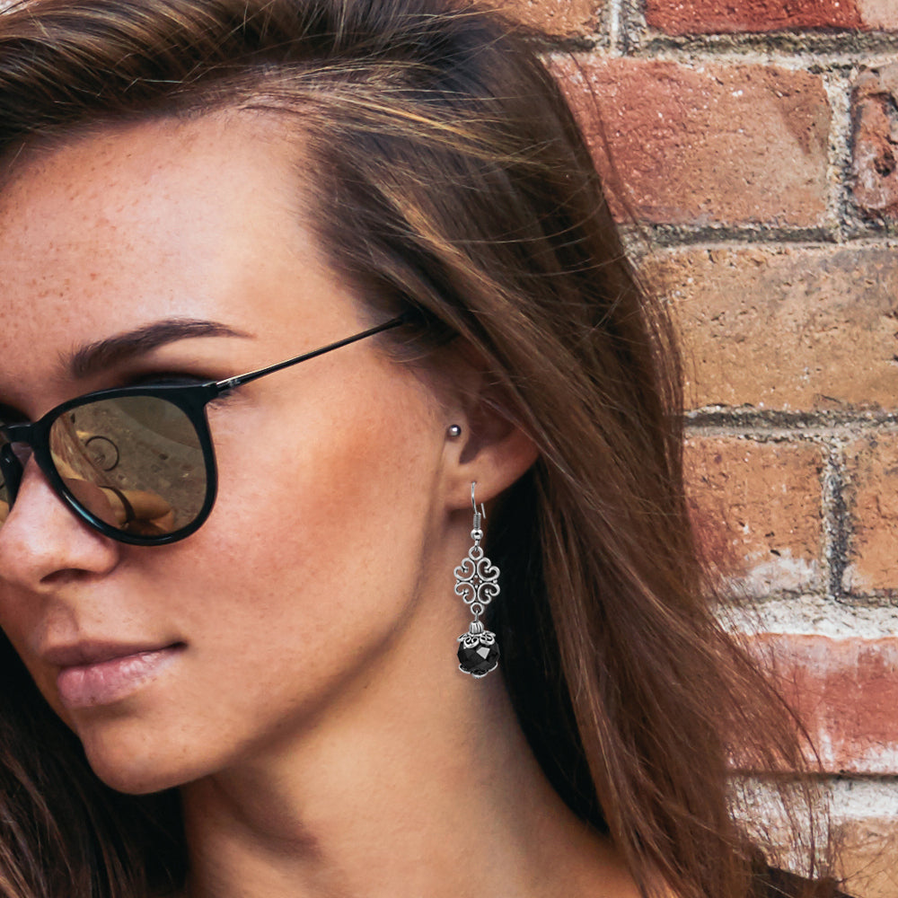 BESHEEK Silvertone Ornament and Black Crystal Dangle Earrings KIT